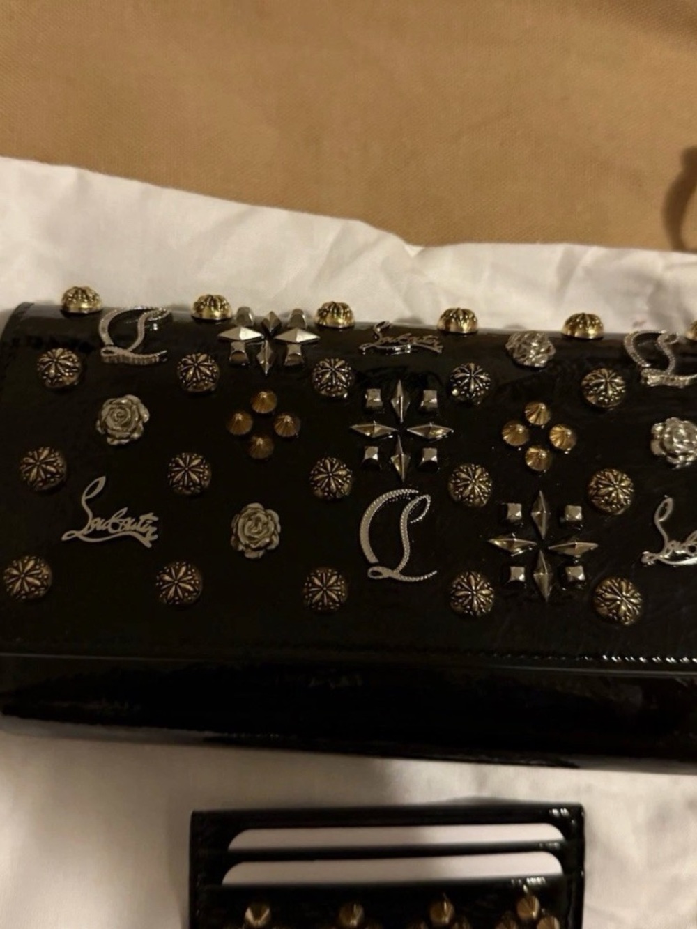 Christian Louboutin Black Studded Patent Leather Clutch & card holder